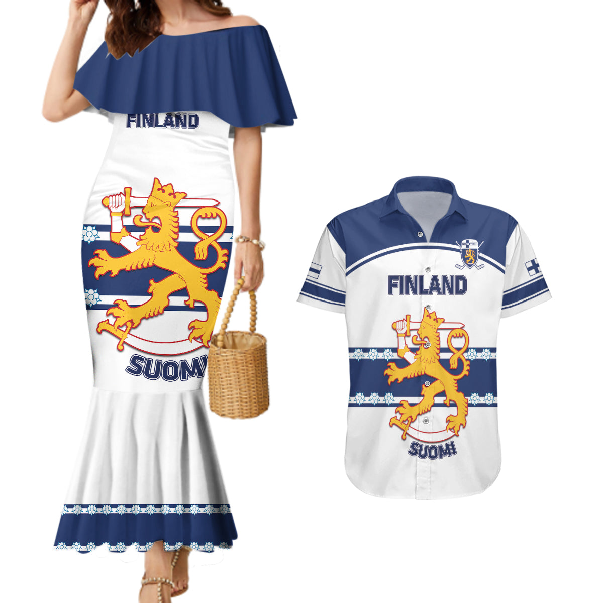 Custom Finland Hockey Couples Matching Mermaid Dress and Hawaiian Shirt 2024 Go Suomi - Wonder Print Shop