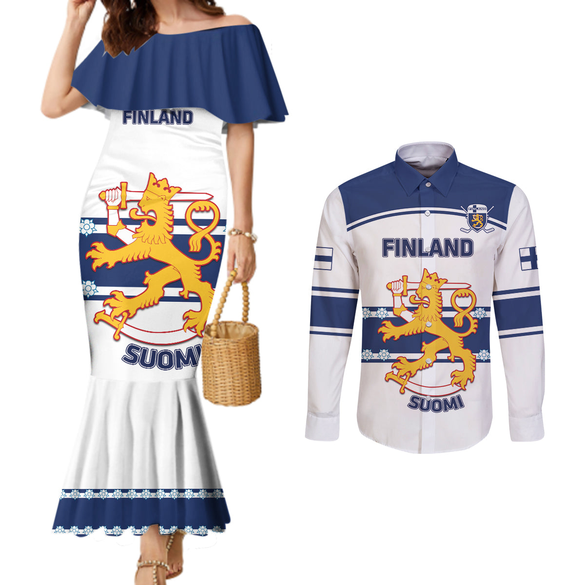 Custom Finland Hockey Couples Matching Mermaid Dress and Long Sleeve Button Shirt 2024 Go Suomi