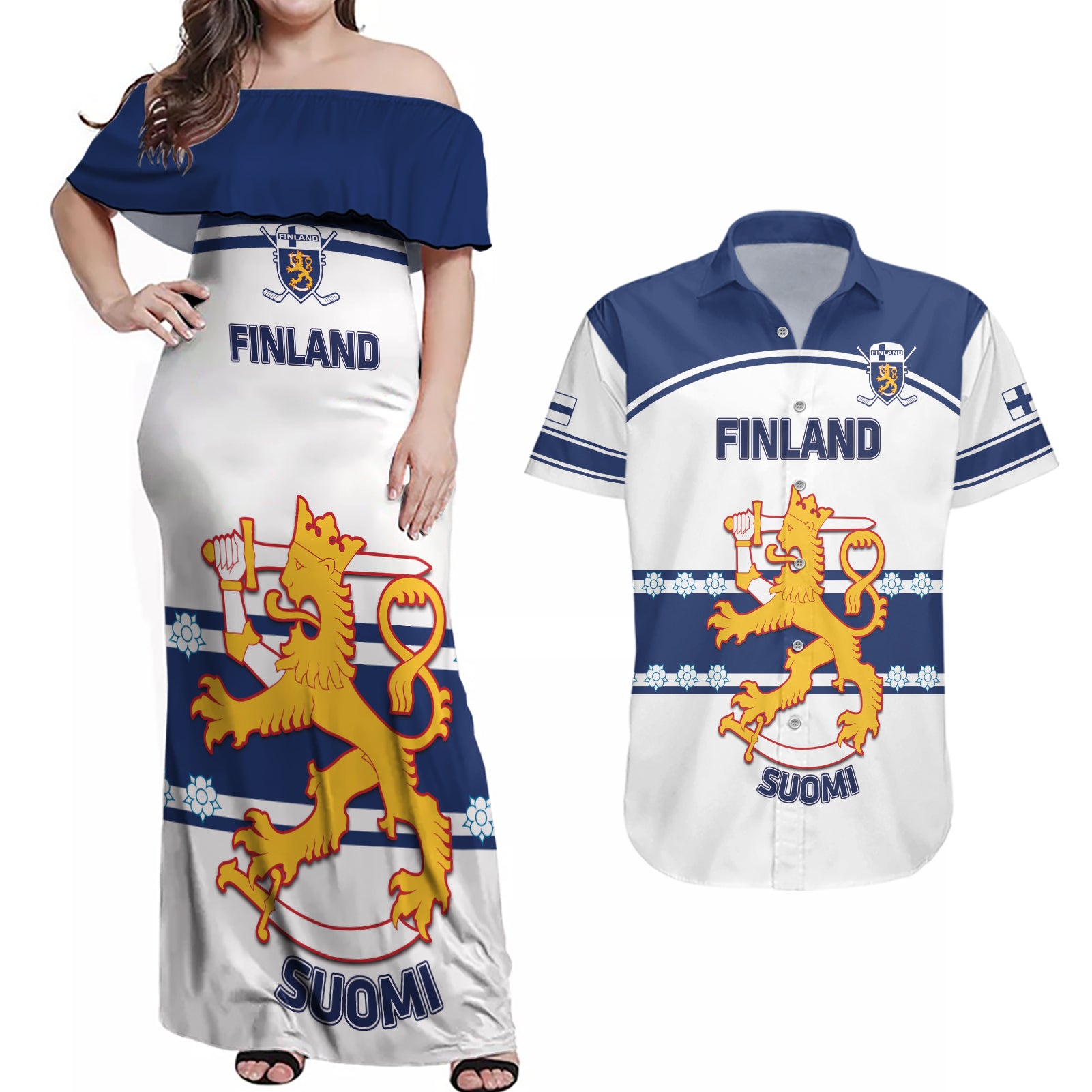 Custom Finland Hockey Couples Matching Off Shoulder Maxi Dress and Hawaiian Shirt 2024 Go Suomi - Wonder Print Shop