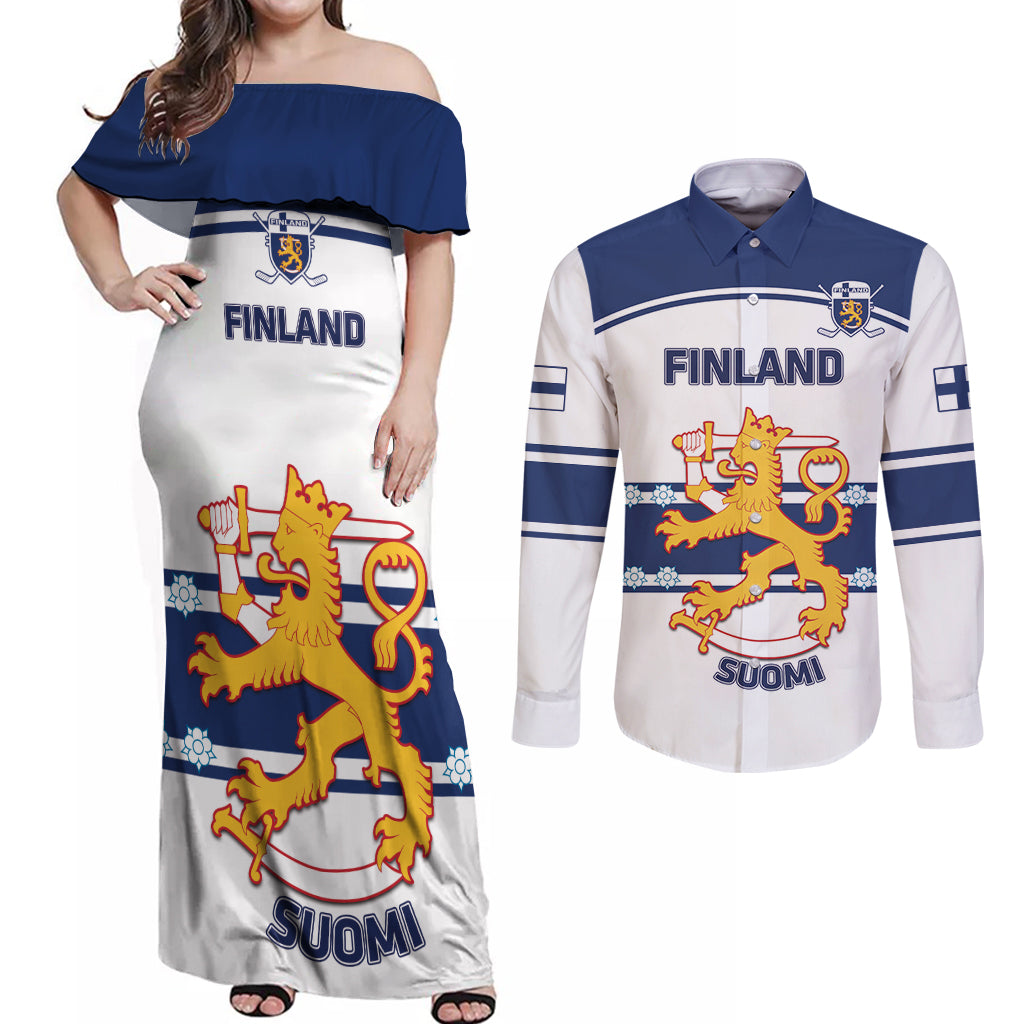 Custom Finland Hockey Couples Matching Off Shoulder Maxi Dress and Long Sleeve Button Shirt 2024 Go Suomi - Wonder Print Shop