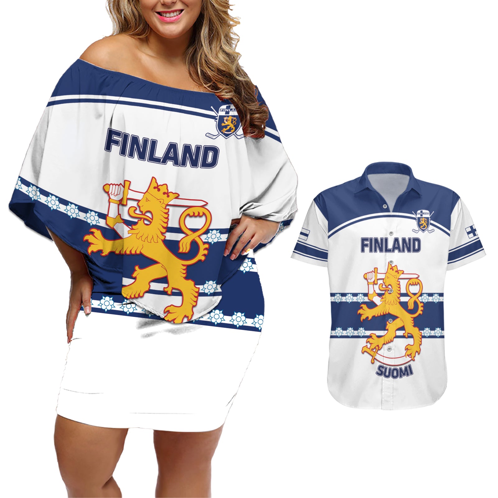 Custom Finland Hockey Couples Matching Off Shoulder Short Dress and Hawaiian Shirt 2024 Go Suomi - Wonder Print Shop