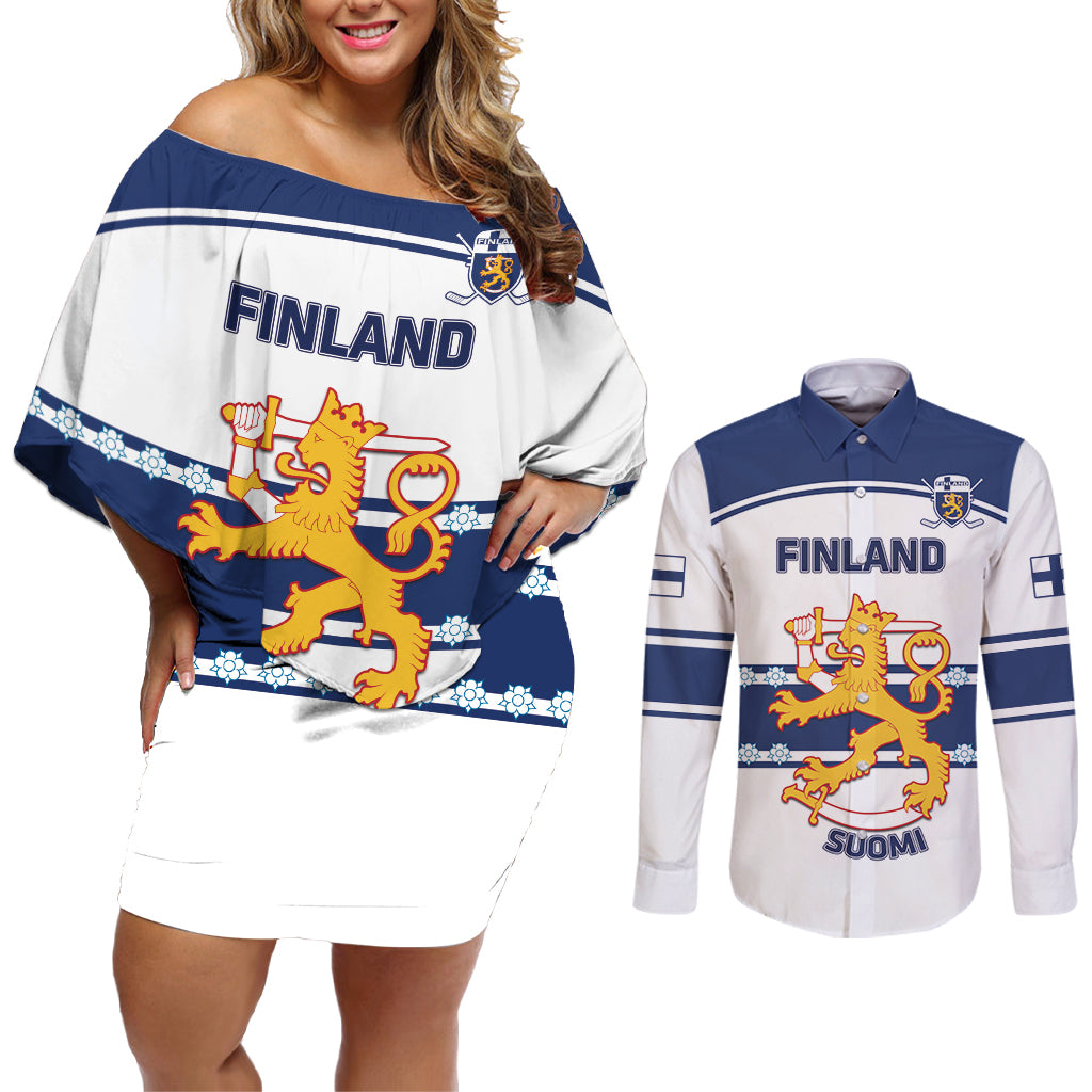 Custom Finland Hockey Couples Matching Off Shoulder Short Dress and Long Sleeve Button Shirt 2024 Go Suomi - Wonder Print Shop