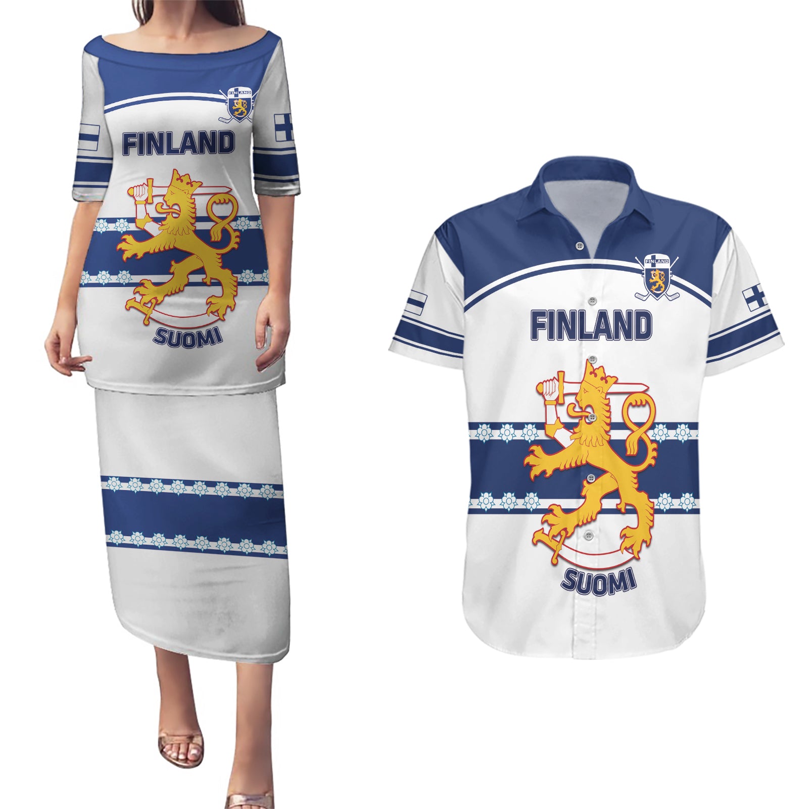 Custom Finland Hockey Couples Matching Puletasi and Hawaiian Shirt 2024 Go Suomi - Wonder Print Shop