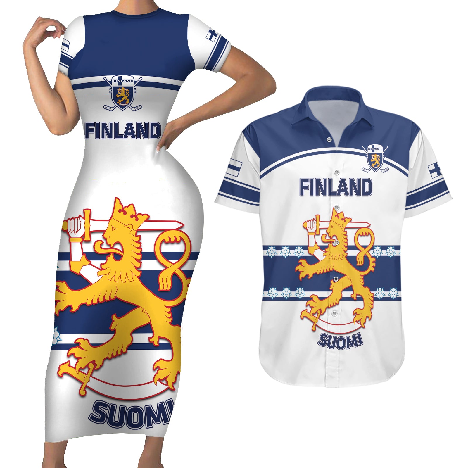 Custom Finland Hockey Couples Matching Short Sleeve Bodycon Dress and Hawaiian Shirt 2024 Go Suomi - Wonder Print Shop