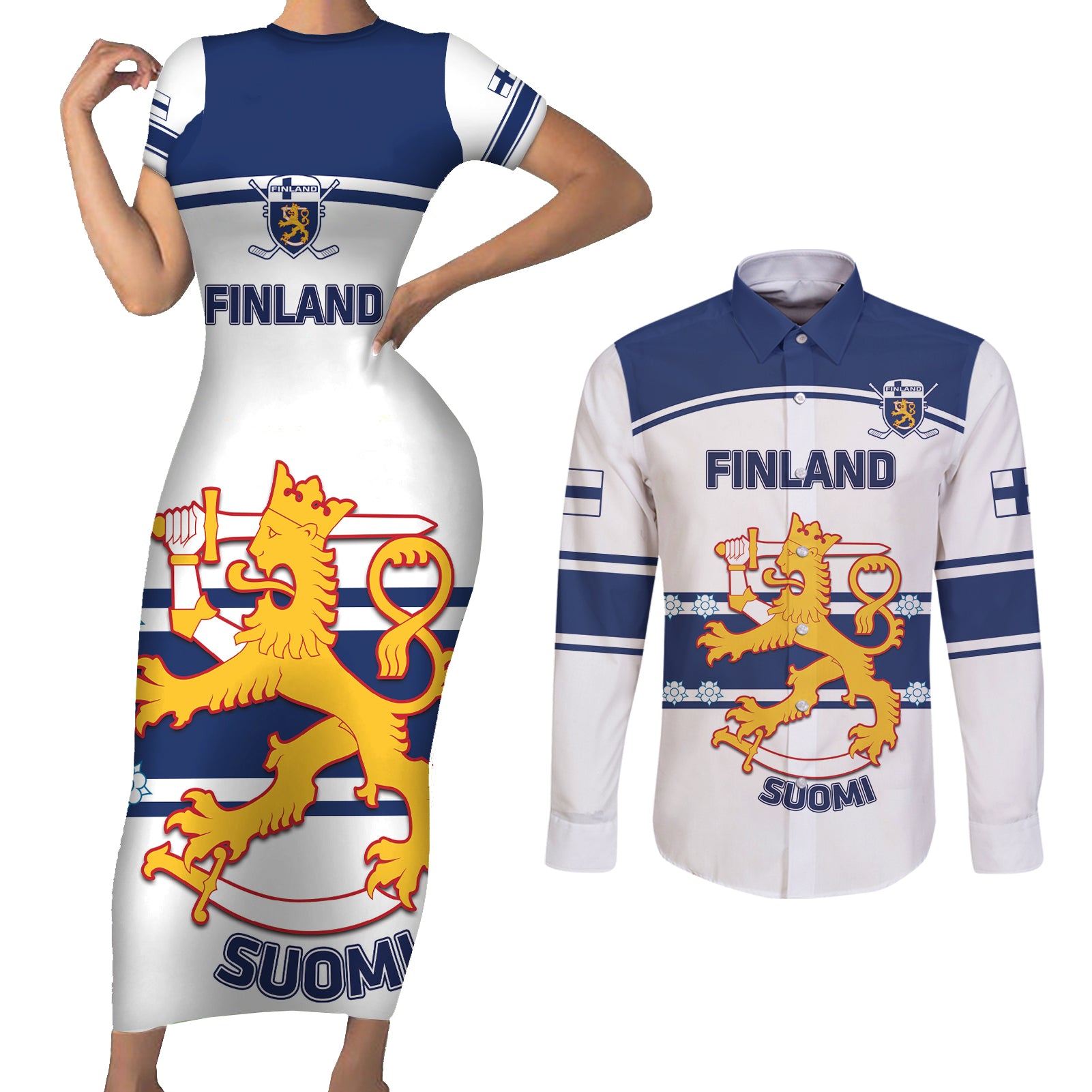 Custom Finland Hockey Couples Matching Short Sleeve Bodycon Dress and Long Sleeve Button Shirt 2024 Go Suomi - Wonder Print Shop