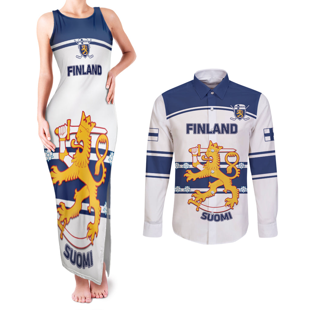 Custom Finland Hockey Couples Matching Tank Maxi Dress and Long Sleeve Button Shirt 2024 Go Suomi - Wonder Print Shop