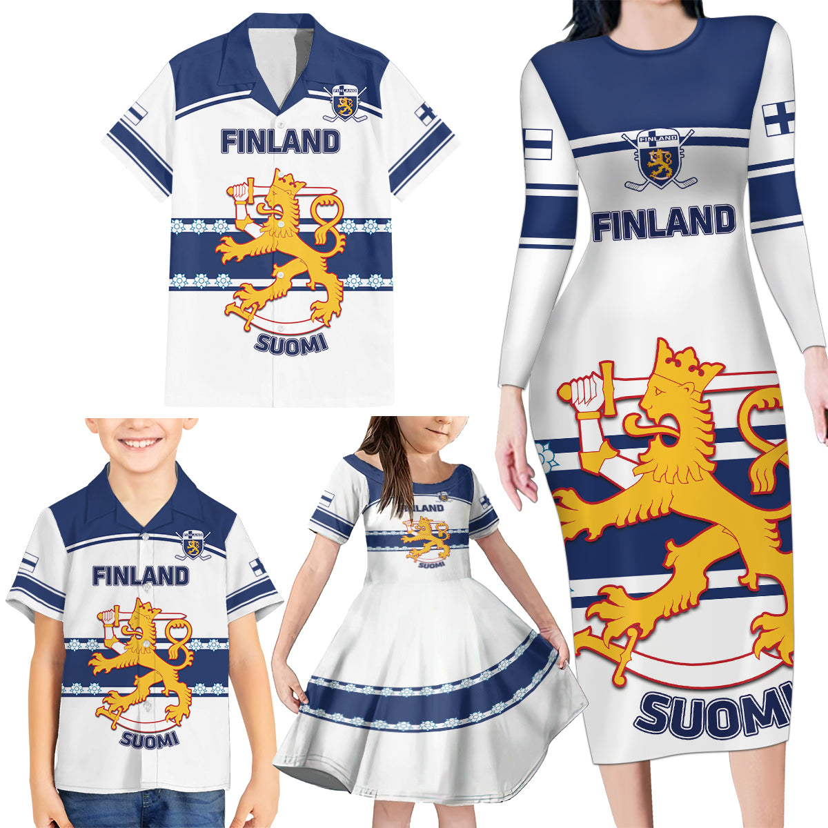 Custom Finland Hockey Family Matching Long Sleeve Bodycon Dress and Hawaiian Shirt 2024 Go Suomi - Wonder Print Shop