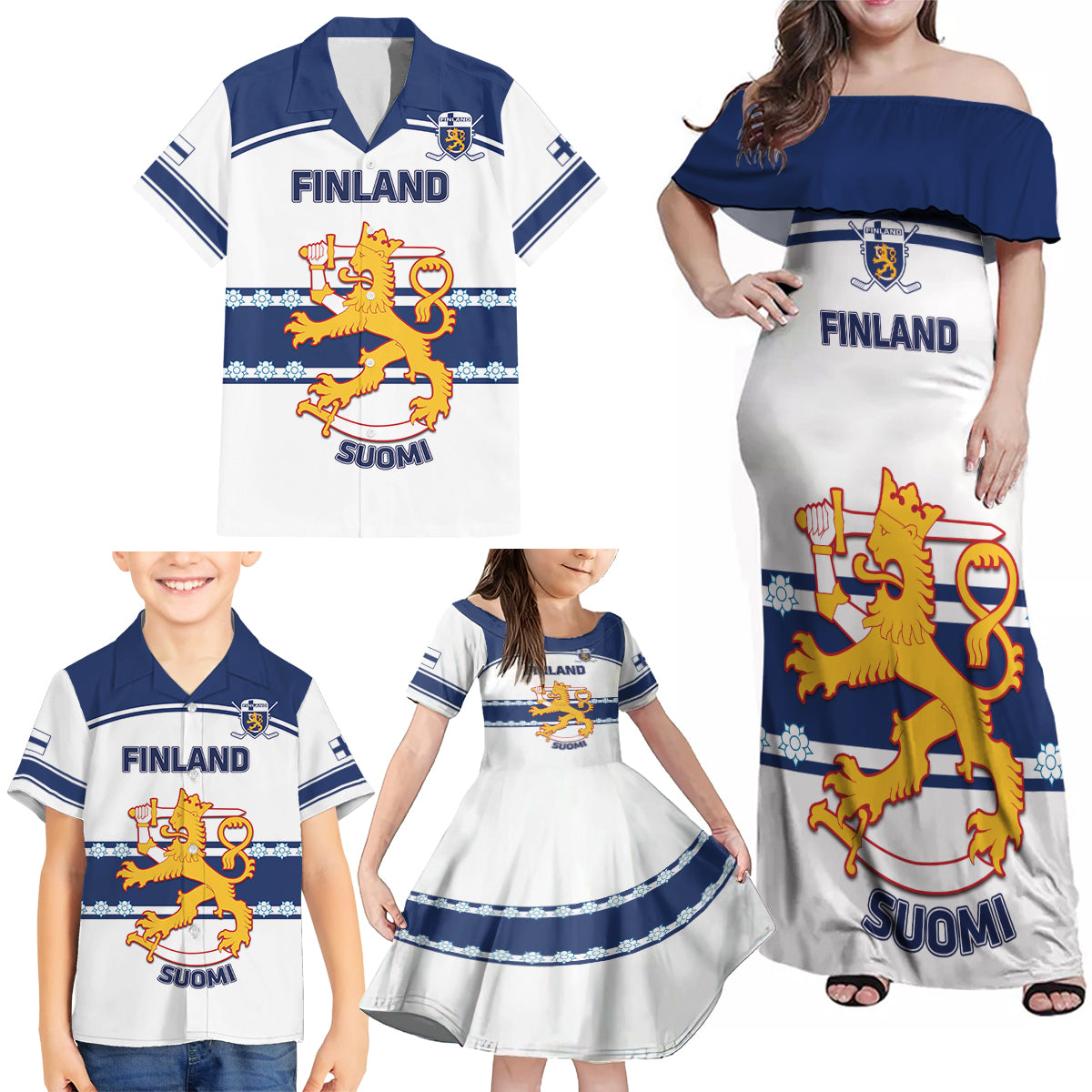 Custom Finland Hockey Family Matching Off Shoulder Maxi Dress and Hawaiian Shirt 2024 Go Suomi - Wonder Print Shop