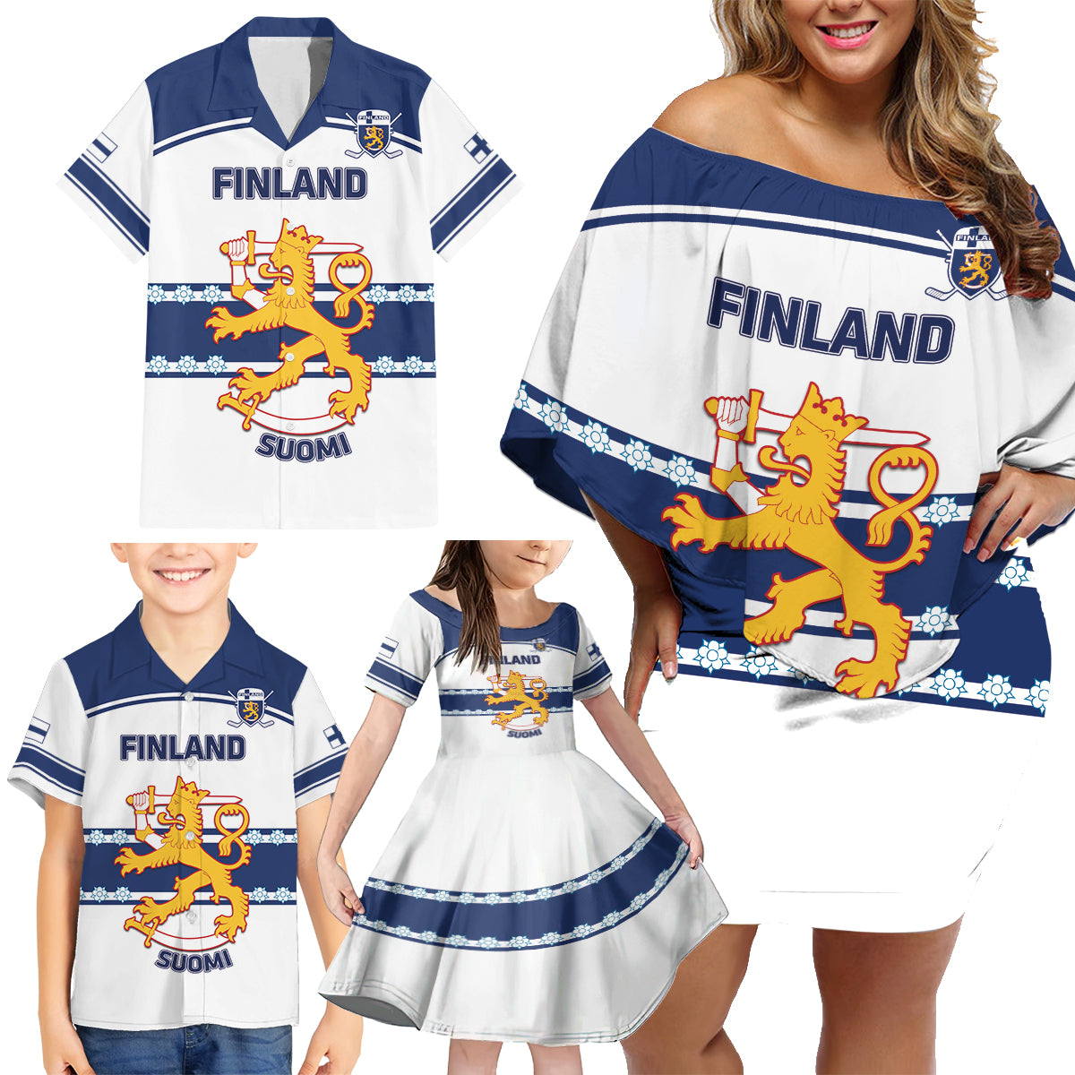 Custom Finland Hockey Family Matching Off Shoulder Short Dress and Hawaiian Shirt 2024 Go Suomi - Wonder Print Shop