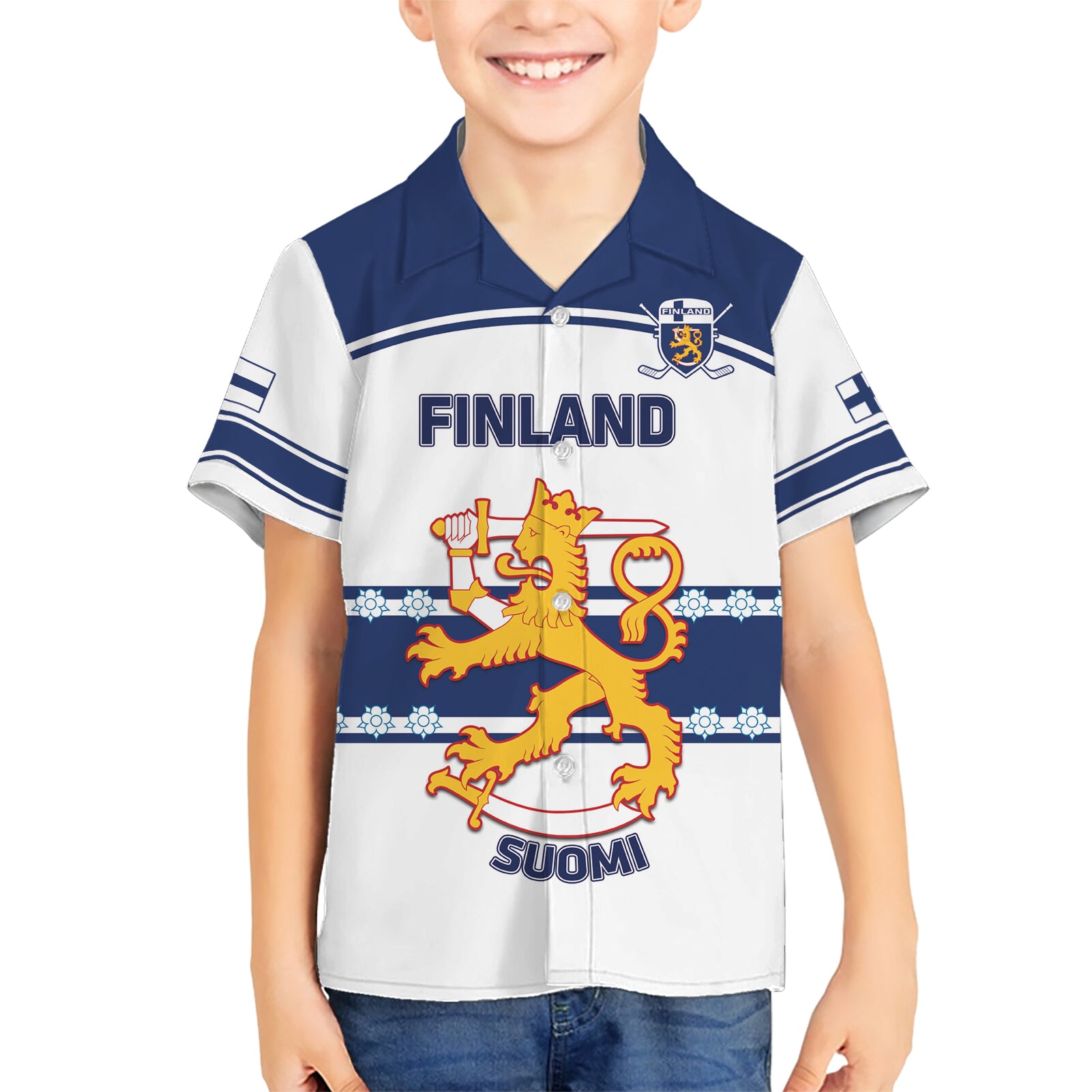 Custom Finland Hockey Kid Hawaiian Shirt 2024 Go Suomi - Wonder Print Shop