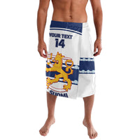 White and blue hockey style shorts, number 14 with custom text and lion graphic