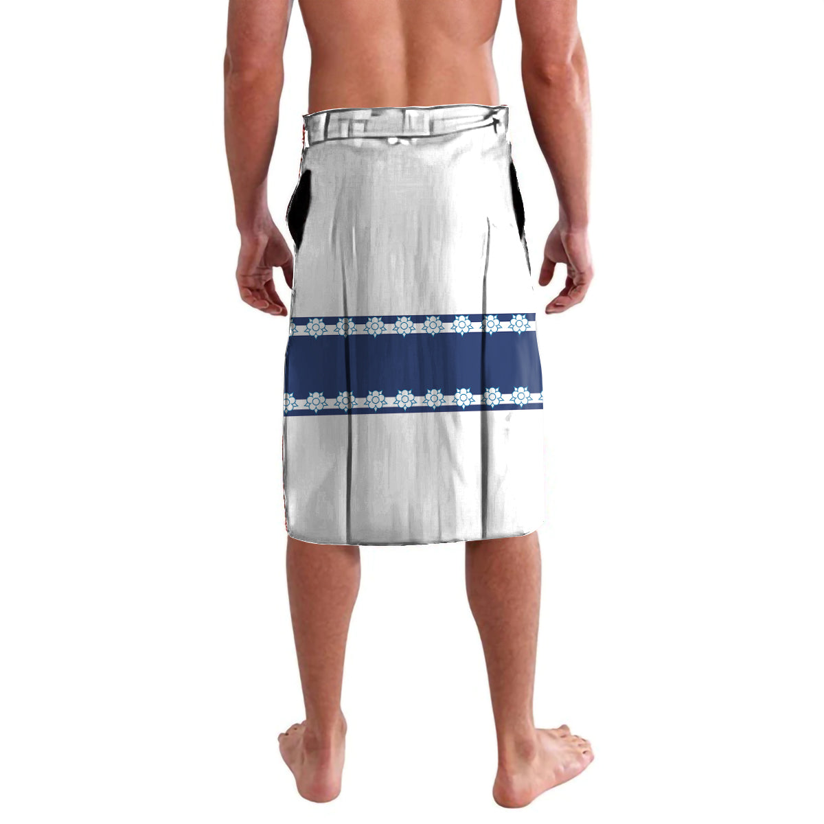 White hockey shorts with blue trim and patterned band at hem