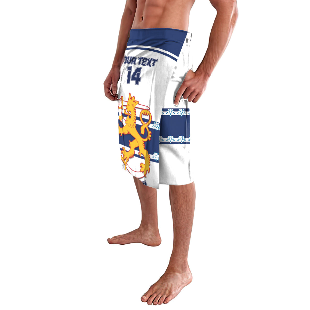White and blue shorts with lion crest, number 14, and blue waistband