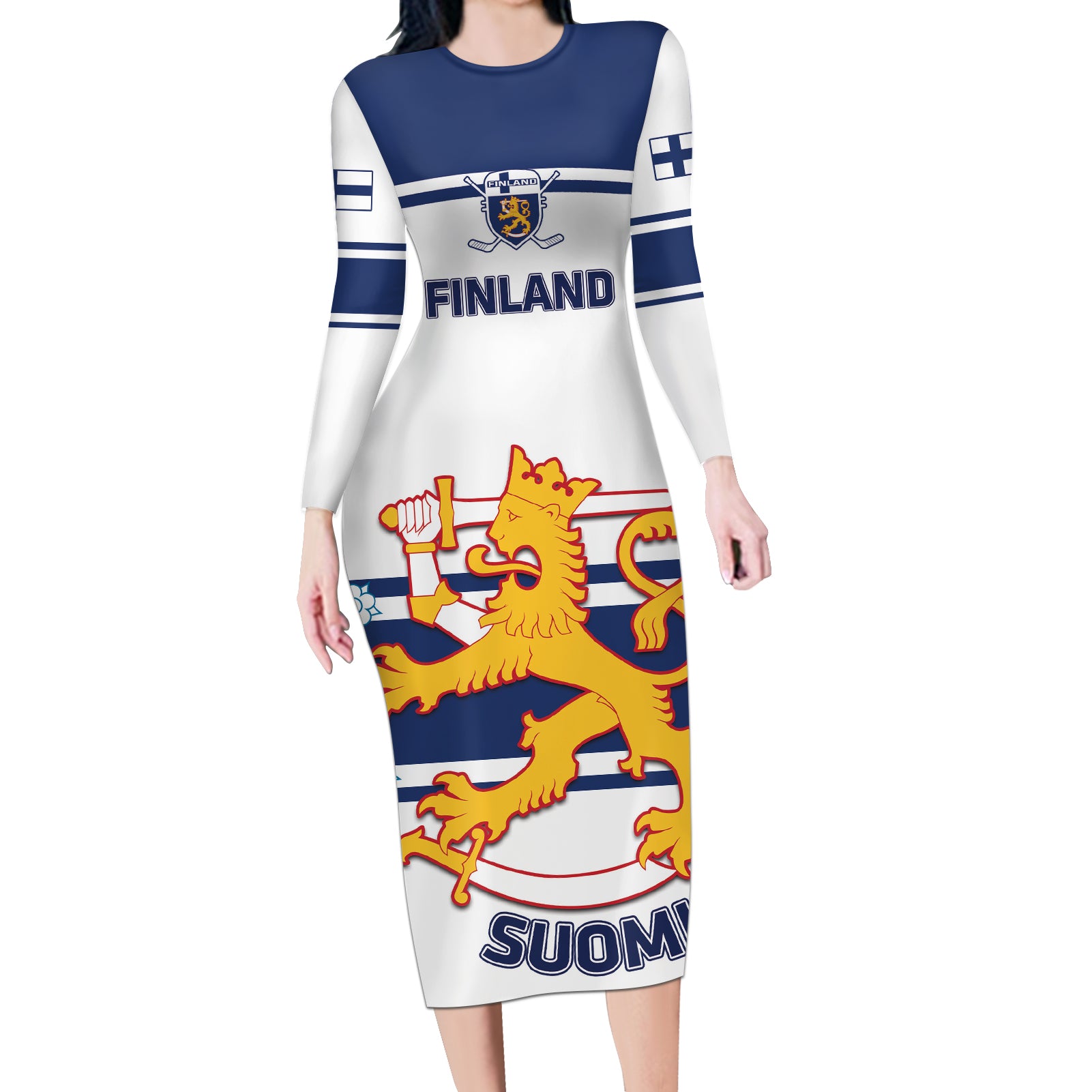 Custom Finland Hockey Long Sleeve Bodycon Dress 2024 Go Suomi - Wonder Print Shop