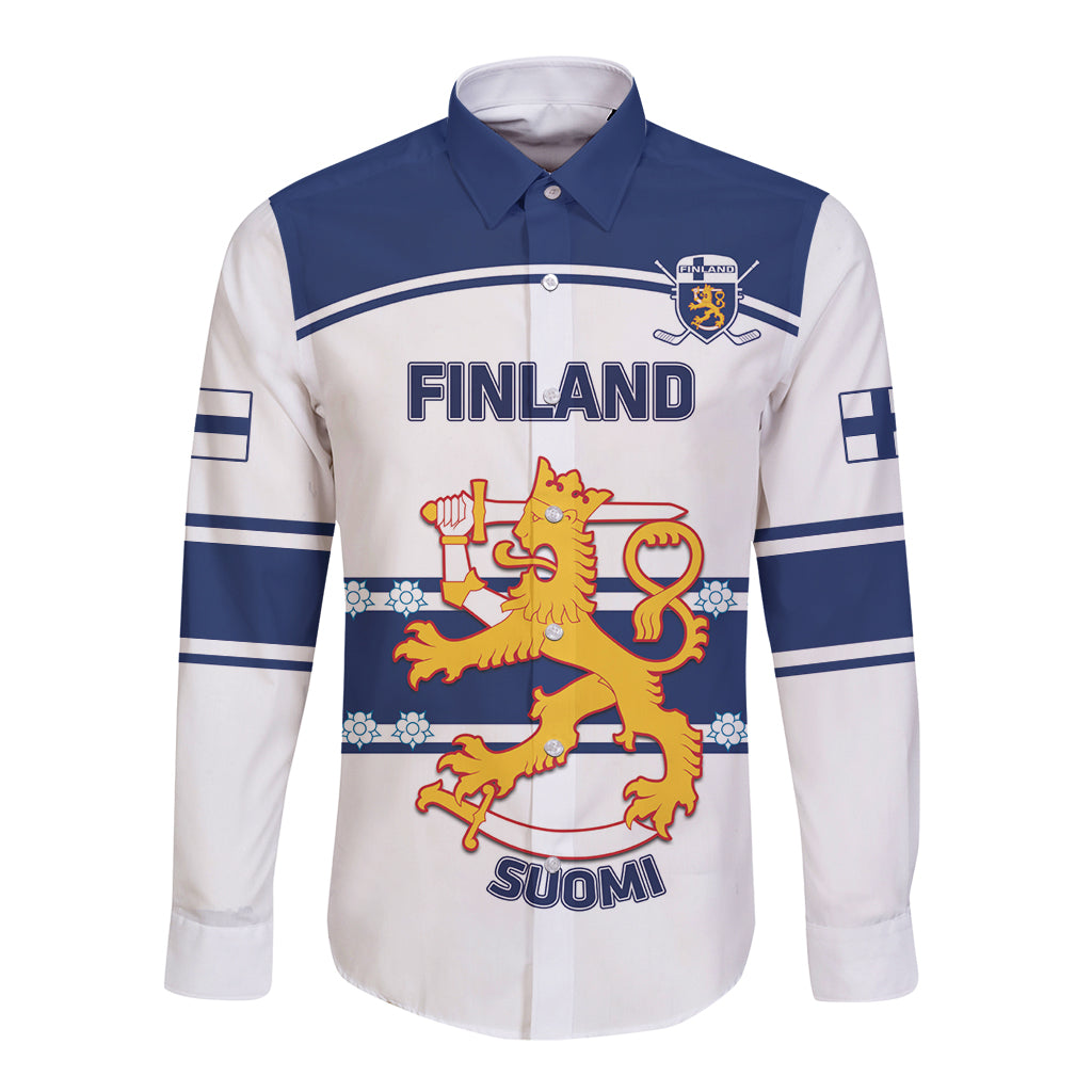 Finland hockey long-sleeve button shirt, white with blue sleeves, lion crest front