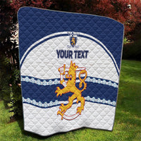 Blue and white quilt blanket with quilted texture, lion crest emblem, “YOUR TEXT”