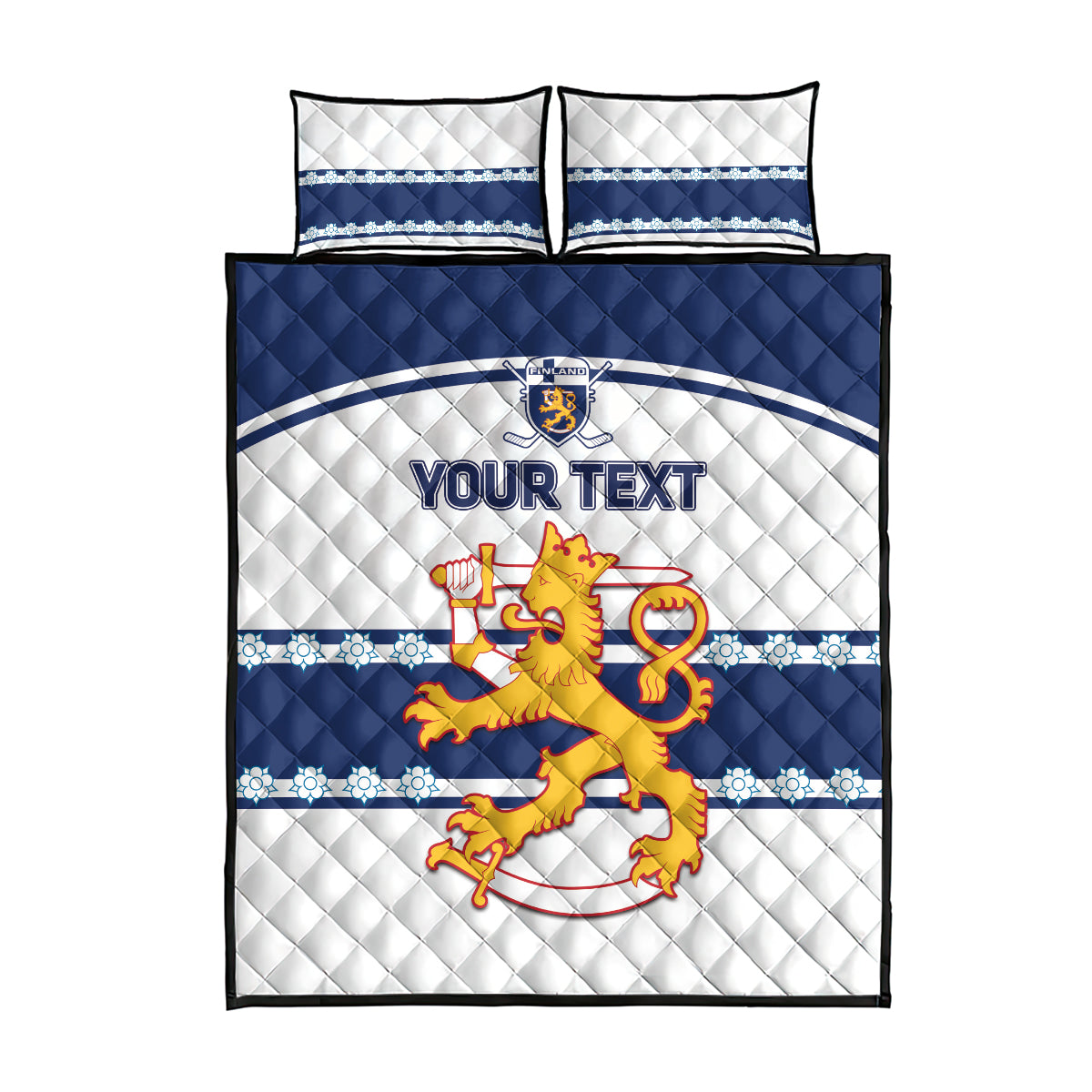 Finland hockey quilt bed set with two pillows, quilted white-blue crest and “YOUR TEXT”