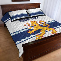 Finland hockey quilt bed set view, white-blue quilt with banner stripes and “YOUR TEXT”