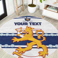 Blue and gray round hockey carpet with lion emblem and 'YOUR TEXT' print