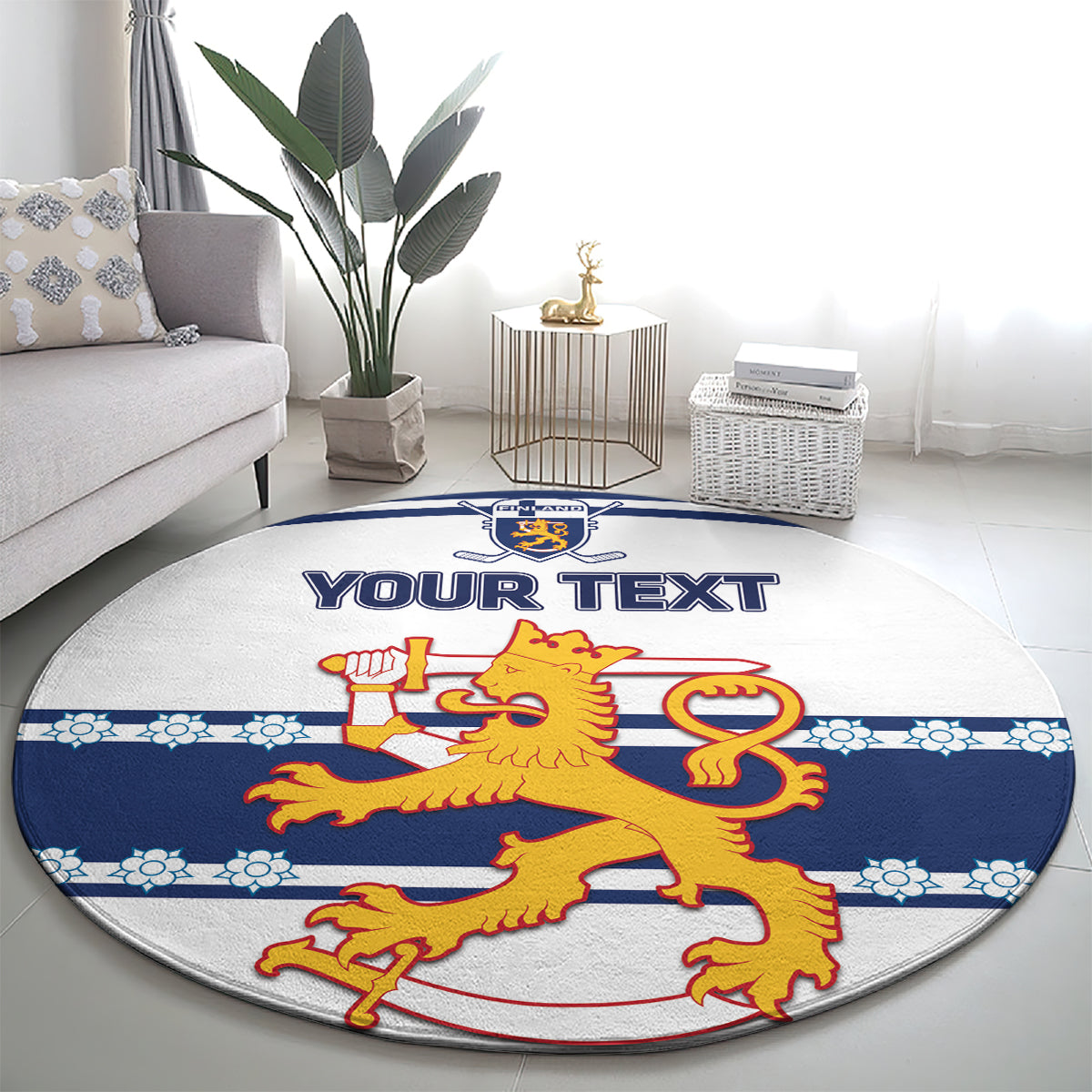 Blue and gray round hockey carpet with centered lion crest and 'YOUR TEXT'