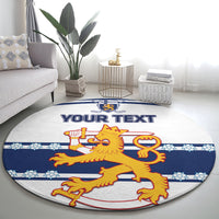 Blue and gray round hockey carpet with centered lion crest and 'YOUR TEXT'
