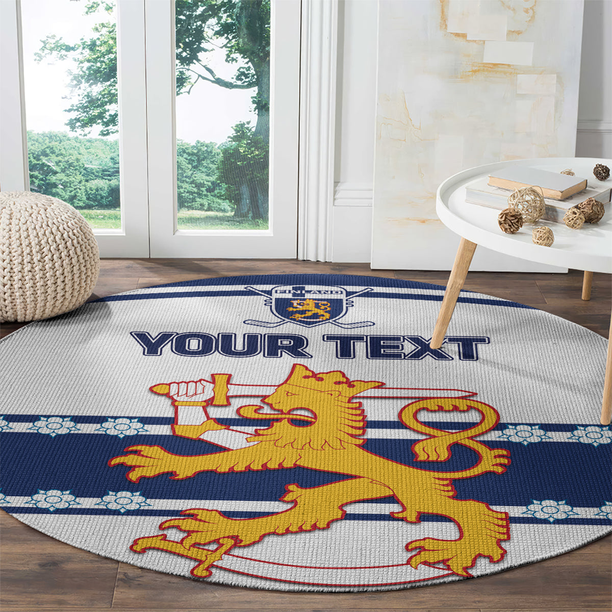 Blue and gray round hockey carpet showing 'YOUR TEXT' and lion emblem design