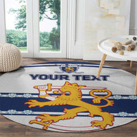 Blue and gray round hockey carpet showing 'YOUR TEXT' and lion emblem design