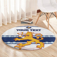Blue and gray round hockey carpet with 'YOUR TEXT' lion graphic on floor