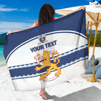 Hockey-themed sarong, blue and white with lion crest and 'Your Text'