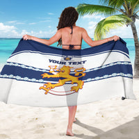 Blue and white hockey sarong with 'Your Text' and lion crest, worn from behind