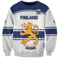 Unisex hockey sweatshirt in blue and gray with Finland crest and Suomi graphic