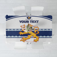 Custom hockey tablecloth in white and dark blue with team crest and lion graphic