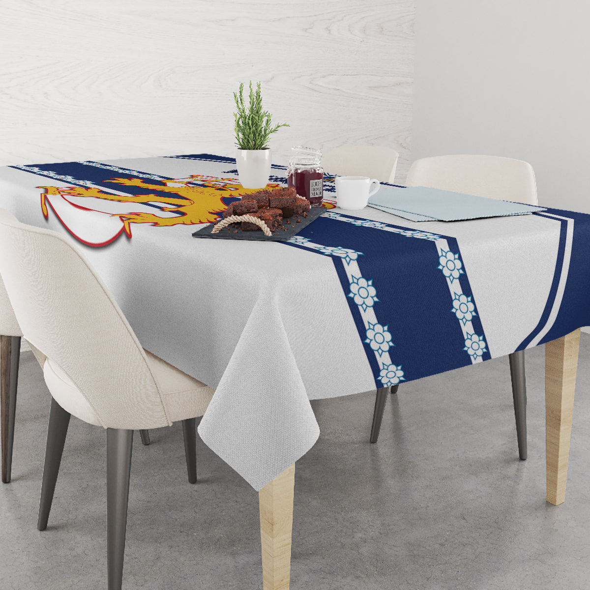 Custom hockey tablecloth with dark blue stripe border and lion crest across the tabletop
