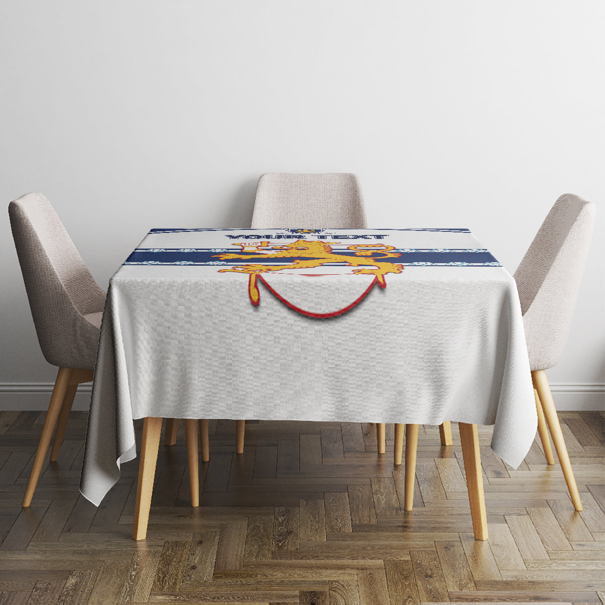 Custom hockey tablecloth with blue-and-white stripe panel and lion crest on dining table