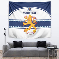 Blue and white sports tapestry with crest lion graphic and 'YOUR TEXT' lettering, wide banner