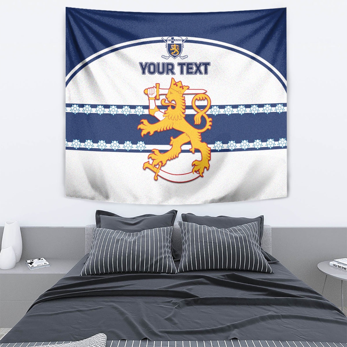 Blue and white tapestry featuring a lion crest in a circle with 'YOUR TEXT' on top