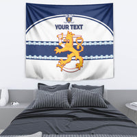 Blue and white tapestry featuring a lion crest in a circle with 'YOUR TEXT' on top