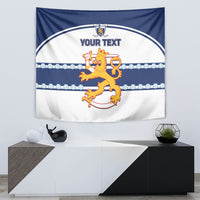Blue and white tapestry with lion crest graphic, horizontal strip pattern, and 'YOUR TEXT'