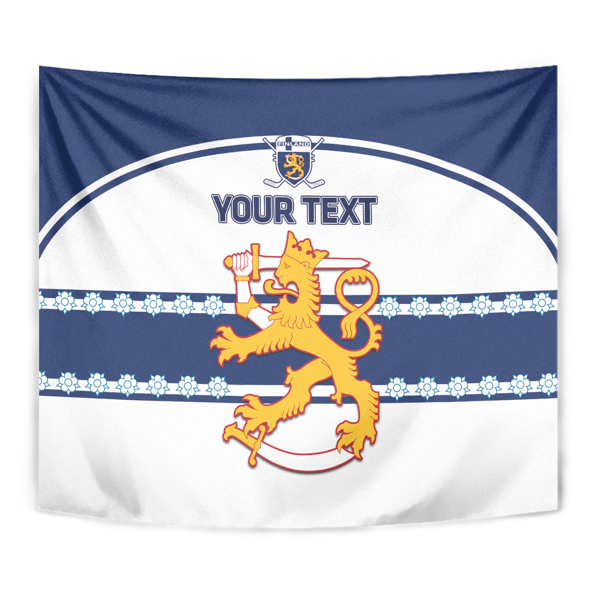 Close-up of blue and white tapestry with lion crest and 'YOUR TEXT' in bold letters