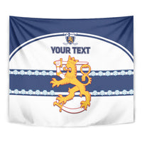 Close-up of blue and white tapestry with lion crest and 'YOUR TEXT' in bold letters