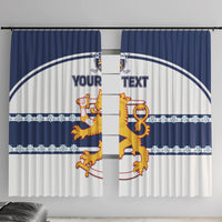 Blue and white hockey window curtain panels with crest and custom text