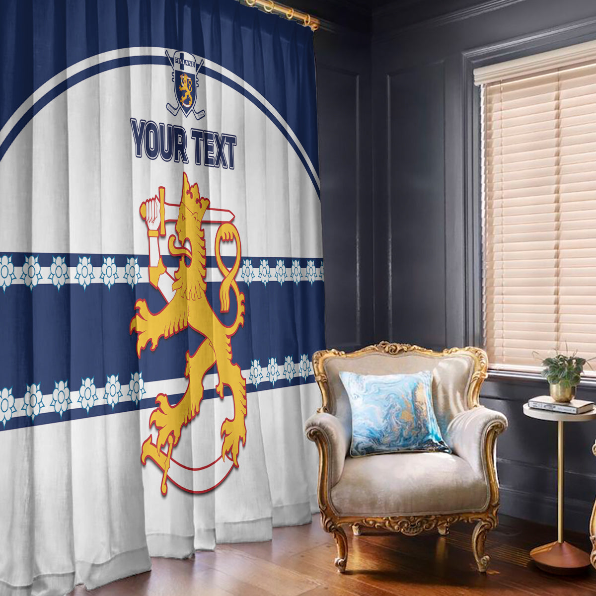 Blue and white hockey curtain panels with crest and custom text in a living room