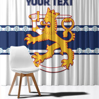 Blue and white hockey curtain panel with crest and custom text over a chair