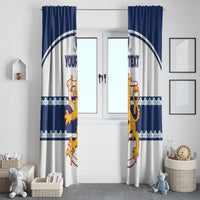 Blue and white hockey window curtain panels with crest and custom text