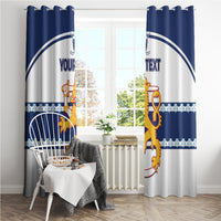 Blue and white hockey window curtains with crest and custom text on a rod