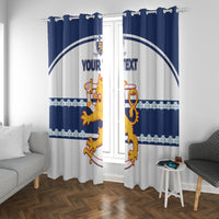 Blue and white hockey window curtain panels with crest and custom text