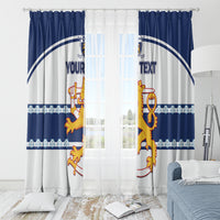 Blue and white hockey window curtain panels with crest and custom text in a bright room