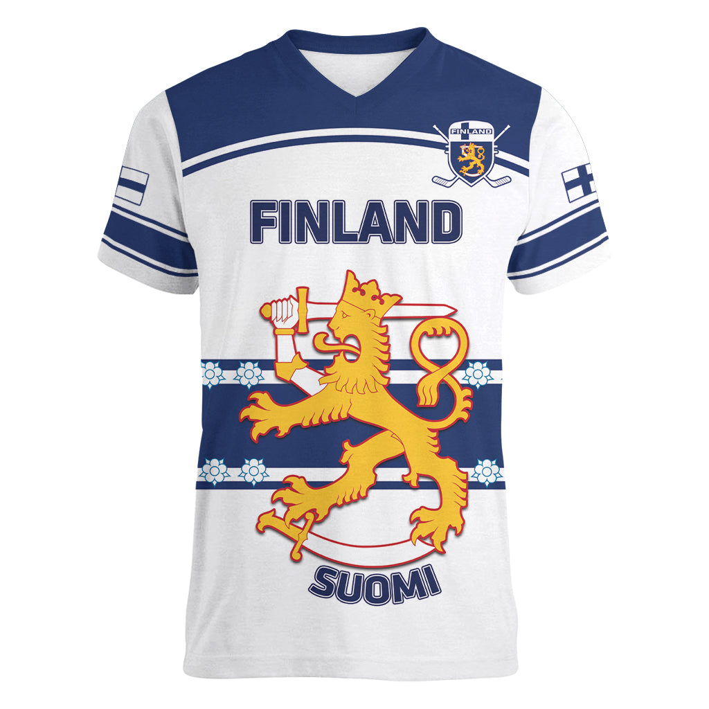 Custom Finland Hockey Women V Neck T Shirt 2024 Go Suomi