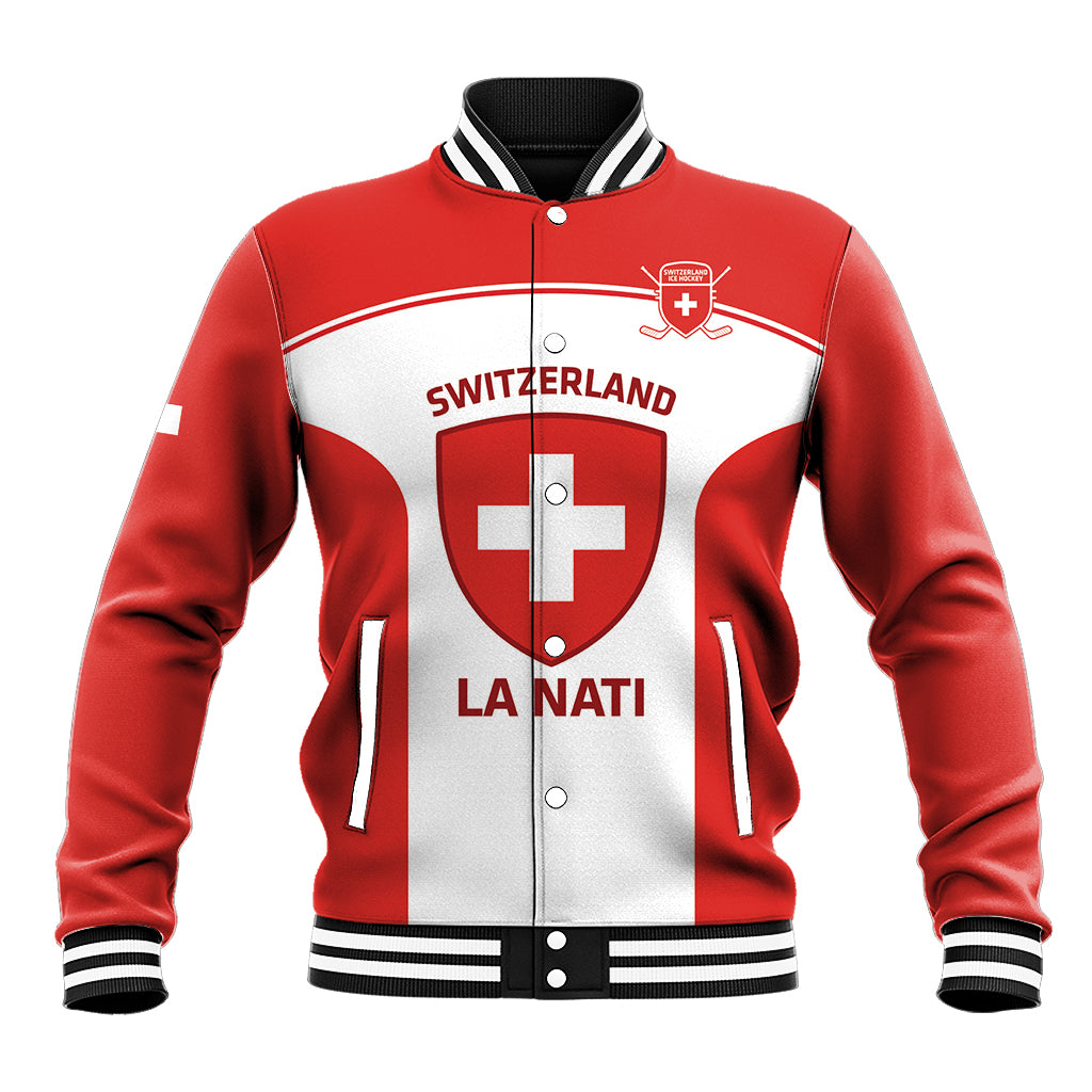 Unisex red-and-white hockey baseball jacket with Swiss crest, varsity rib collar