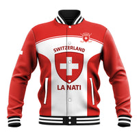 Unisex red-and-white hockey baseball jacket with Swiss crest, varsity rib collar